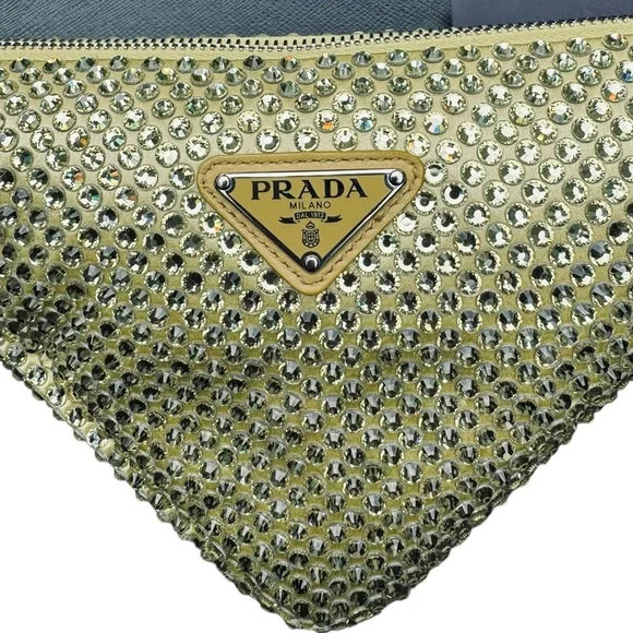 PRADA***Gold Crystal Pineapple Yellow Satin Triangle Bag***$2600 NWB - Picture 3 of 13